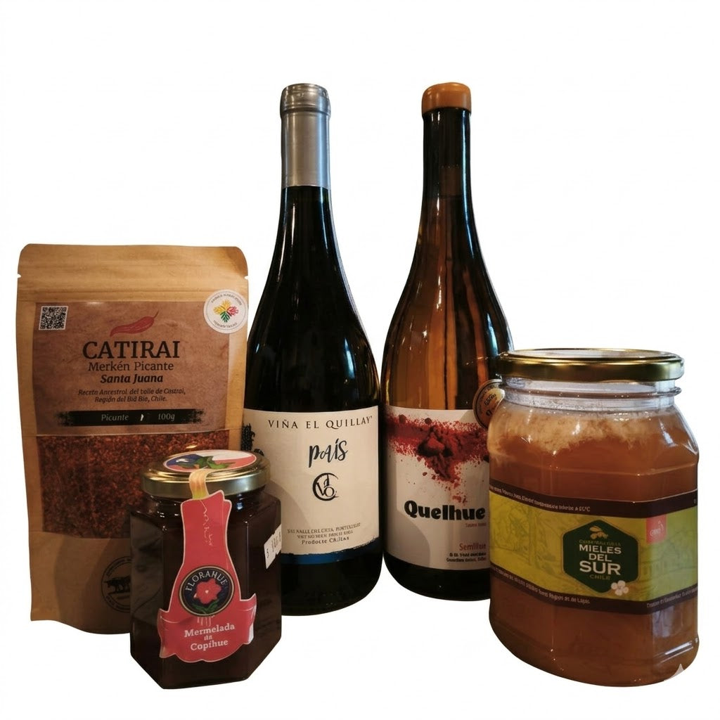 Pack Vino País-Semillón-Merken Picante-Miel de Tineo- Mermelada de Copihue.