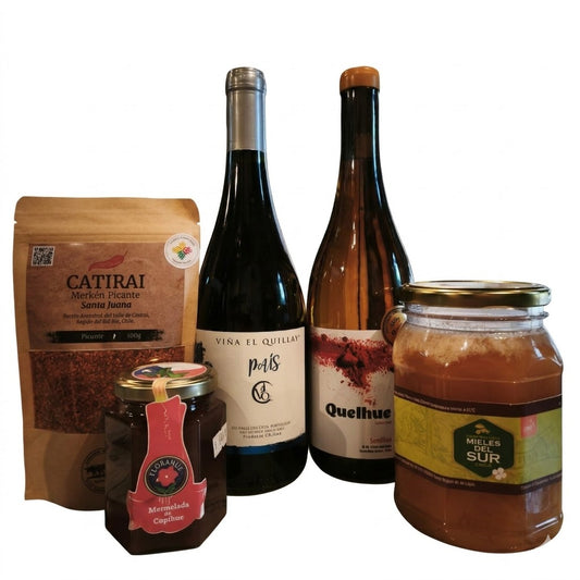 Pack Vino País-Semillón-Merken Picante-Miel de Tineo- Mermelada de Copihue.
